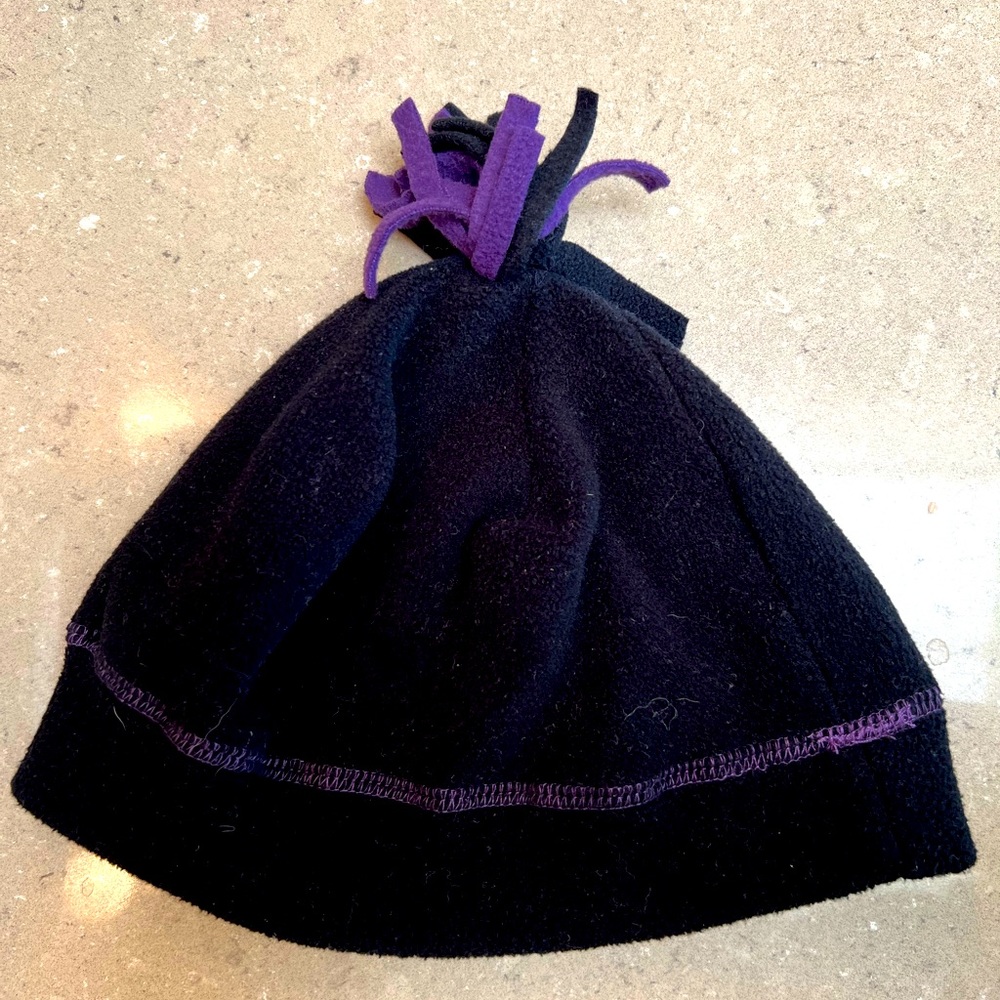 Youth sized fleece beanie cap! Black with purple & black pom pom.